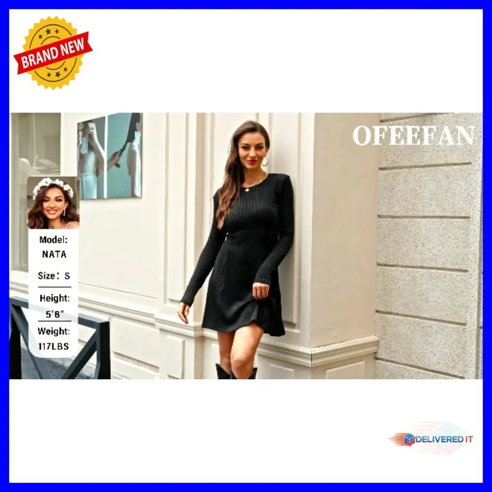 Long Sleeve Crew Neck Sweater Dress Ribbed Knit Bodycon Knee Length